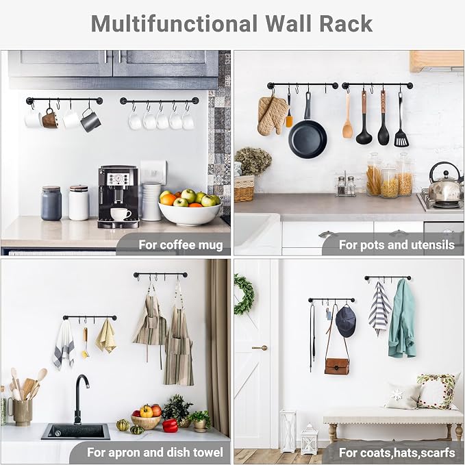 Mkono Wall Mounted Mug Holder, Coffee Cup Hanger Rack with 10 Hooks, 2 Pack | Kitchen Rod, Space Saving, Easy Assembly, Wall & Under Cabinet, Durable Metal, Kitchen Dining Bar Organizer, Multi-Function