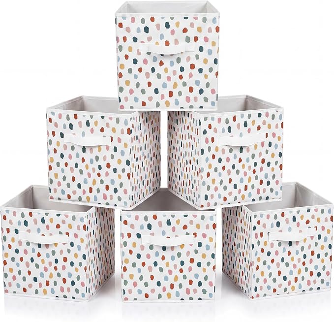 6 Pcs 11 Inch Polka Dots Fabric Storage Cube Bin Woven Foldable Storage Cubes for Classroom Basket Bin Classroom Organizer with Handle Decor for Organizing Clothes, Toy, Book