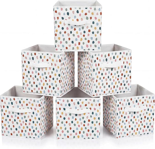 6 Pcs 11 Inch Polka Dots Fabric Storage Cube Bin Woven Foldable Storage Cubes for Classroom Basket Bin Classroom Organizer with Handle Decor for Organizing Clothes, Toy, Book