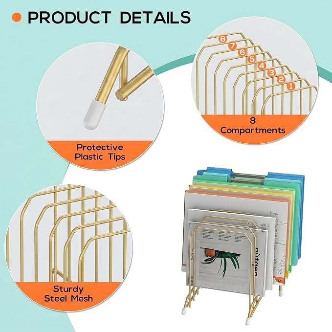 Incline Sorter Desk File Organizer, Metal Desk Magazine Folder Holder with 8-Section Vertical Compartments Rack File Organizer for Office, Home, School