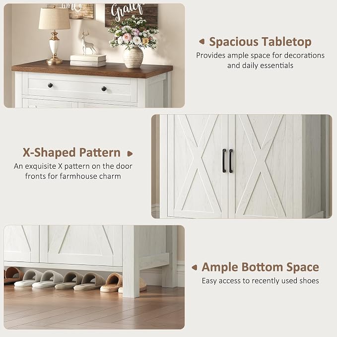 Farmhouse Shoe Storage Cabinet, 5-Tier High Boots Organizer with Adjustable Shelves, Large Drawer & Barn Doors, Entryway Shoe Rack for Hallway Living Room, White