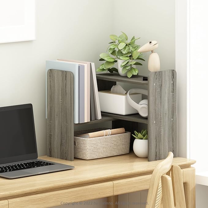 Furinno CLASSIC Desk Organizers and Hutch, Open Shelf Expandable Office Organization, Adjustable Desk Top Display Book Shelf, for Paper, Office Supplies, French Oak