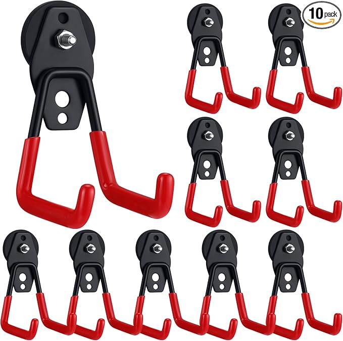 Landhoow 10 Pcs Large Magnetic Hooks Heavy Duty Garage Magnet Hooks Strong Storage Utility Magnetic Hangers with Anti Slip Rubber Coating for Indoor and Outdoor Hanging (Red)