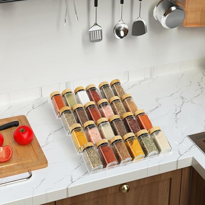 Spice Drawer Organizer 4 Tier, Acrylic Seasoning Organizer Rack, Small | Clear Spice Rack Tray, Kitchen Seasoning Jars Drawers Insert (Jars Not Included/ Expandable From 9" to 18")