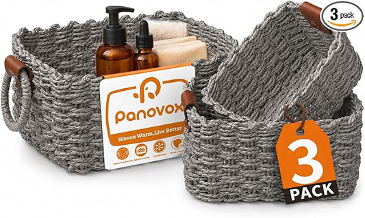 Small Wicker Baskets, 3 PCS Paper Rope Baskets for Shelves, Gray | Recycled Small Baskets, 3 Sizes Woven Baskets for Organizing, Decorative Storage Baskets for Bedroom and Bathroom