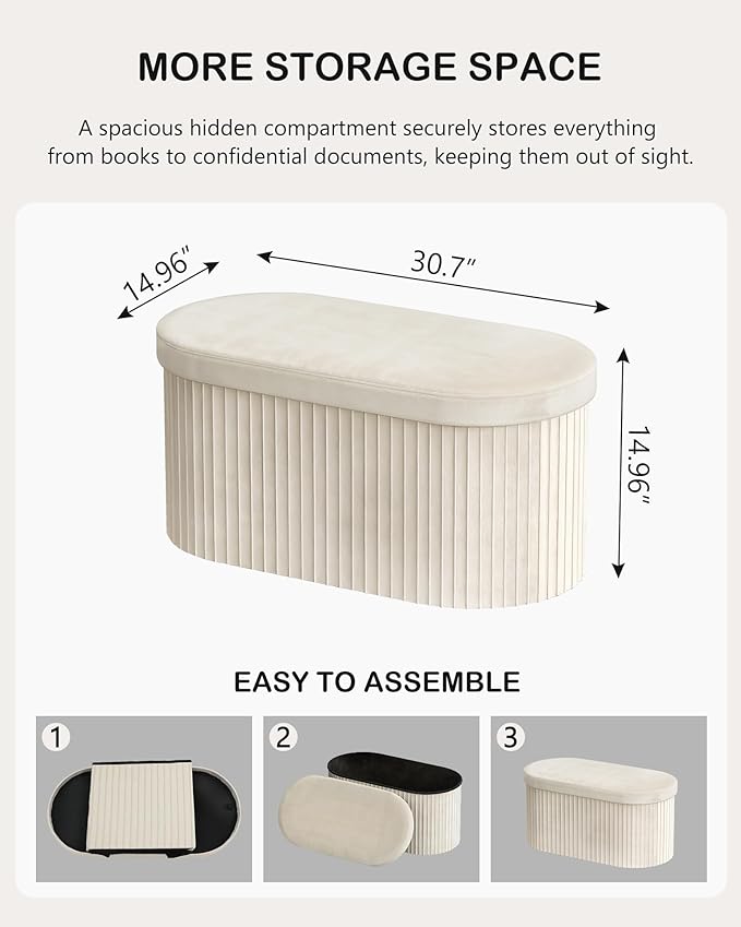 GLAXYFUR Folding Ottoman with Storage, Oval Velvet Storage Bench, Beige | Upholstered Foot Rest, 30 x 15 x 15 Inches Storage Chest for Bedroom, Living Room & Entryway