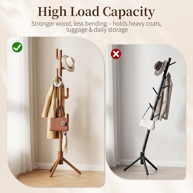 Yoobure Solid Wood Coat Rack - Cactus Coat Tree Freestanding with 8 Hooks, Coat Hanger Stand with 3 Adjustable Sizes for Jacket, Hat, Clothes Stands for Hall, Entryway, Bedroom, Office, Living Room