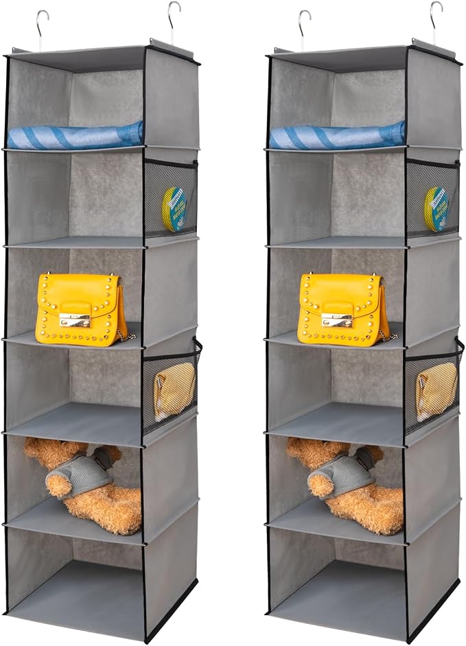 BrilliantJo 6 Shelves Hanging Closet Organizer, 2 Pack Hanging Storage with 4 Side Pockets for Clothes Shoes, 43.5"x12"x12"(Grey)