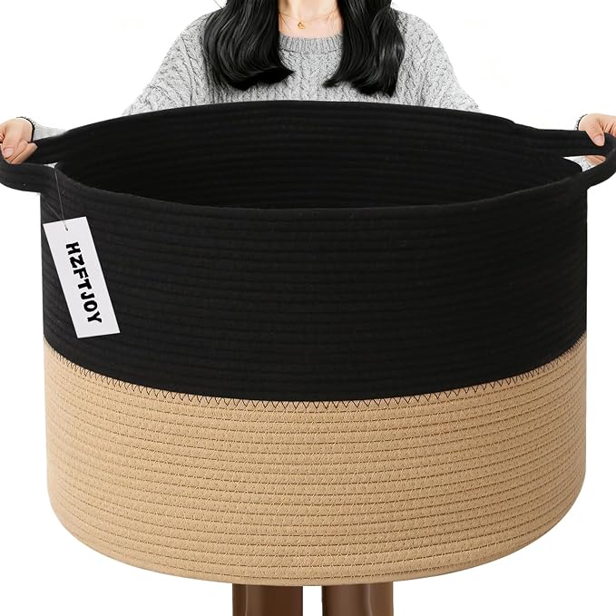 115L Extra Large Blanket Basket,Woven Laundry Basket-Black&Camel | Collapsible, reinforced handles, nursery storage bin organizes clothes, toys and pillows for living room, bedroom bathroom