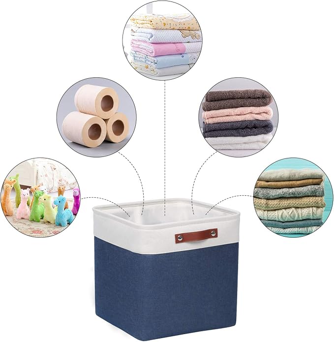Univivi Fabric Cube Storage Bins for Shelves,Blue,13 x 13 x13 inch,4 Pack | Large Capacity,Metal Frame,Hard Cardboard Bottom,Foldable,Linen Closet Baskets with PU Handles