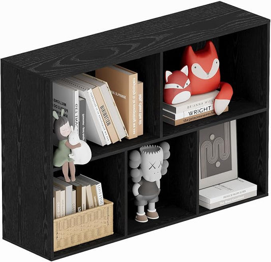 Book Shelf, Wooden Cube Storage Organizer with 11" Open Cubes, Stackable Modular Bookcase for Room Divider Storage, 2 Tier Bookshelf for Living Room, Bedroom, Office (Black, 5-Cube)