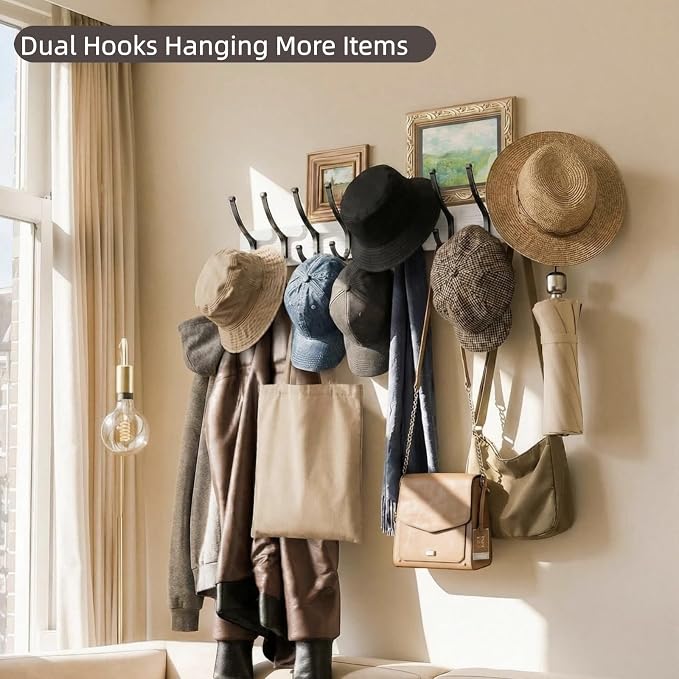Optish 1 Pack Wooden Coat Rack Wall Mount, 16.1" Rustic Coat Hanger Hooks with 5 Double Hooks, Wall Coat Rack for Hat, Clothes, Bags, Jacket, White