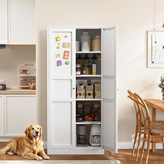Yizosh Metal Storage Cabinet - 71" White Kitchen Pantry with 2 Doors and 5 Adjustable Shelves, 5-Tier Tall Steel Locker for Living Room, Dining Room