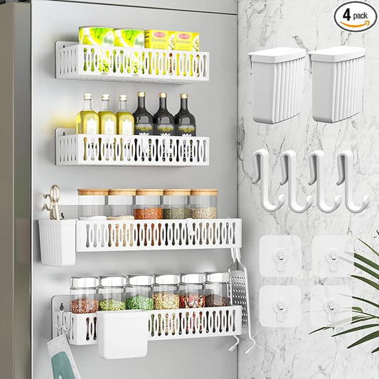 Sevenblue 4-Pack Magnetic Spice Rack for Refrigerator with Hooks, White | Strong multipurpose magnetic shelf for kitchen & bathroom organization. Includes 4 removable hooks for hanging items.