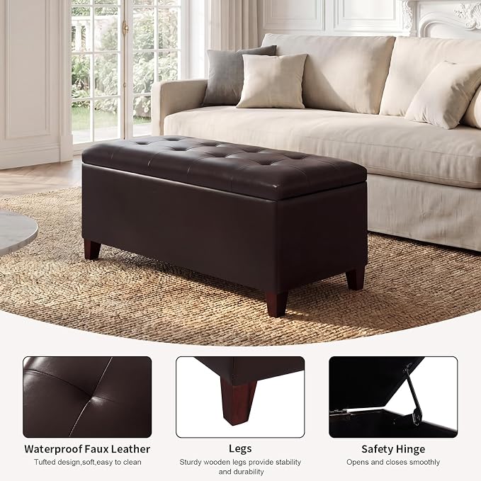 Storage Ottoman Bench, 33" Faux Leather Upholstered End of Bed Bench with Safety Hinge,Wooden Legs,for Entryway Bedroom Living Room,Chocolate Brown