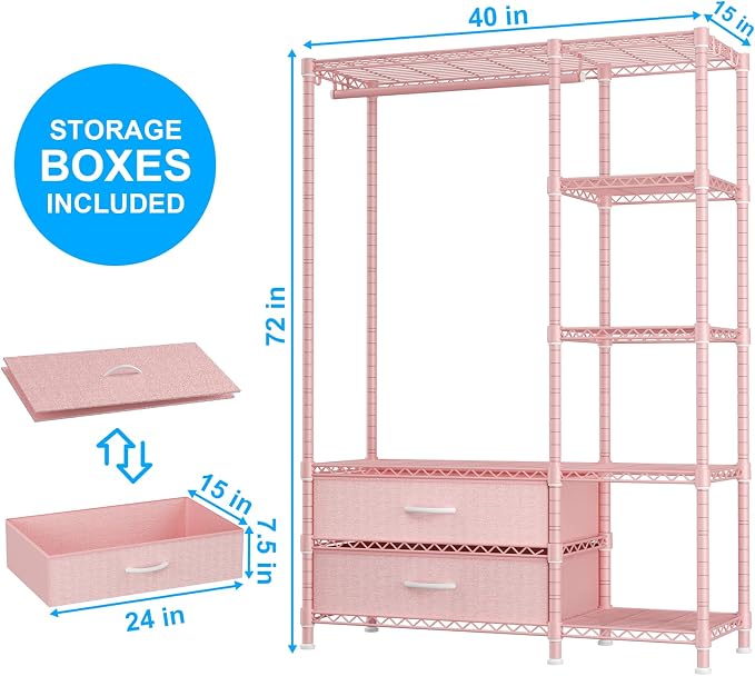 Ulif F3 Heavy Duty Clothes Rack（With Fabric Drawers）Freestanding Clothing Racks for Hanging Clothes，Adjustable Closet Organizer System，Portable Garment Rack 40" W x 15" D x 72" H，Max Load 700LBS，Pink