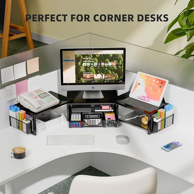 Simple Trending Dual Monitor Stand with Drawer and 2 Pen Holders, Black | 42"L x 9.5"W x 4.75"H. Sturdy metal. Fits 2 monitors. Reduces neck strain. Drawer + 2 pen holders. Easy assembly. 24h support