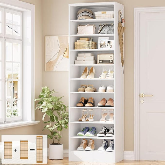 Aheaplus Tall Shoe Cabinet, 10 Tiers Narrow Wood Shoe Rack, Shoe Storage Organizer with Open Storage, Vertical Shoe Shelf Tower for 20-22 Pairs, Space Saving, for Closet, Entryway, Bedroom, White