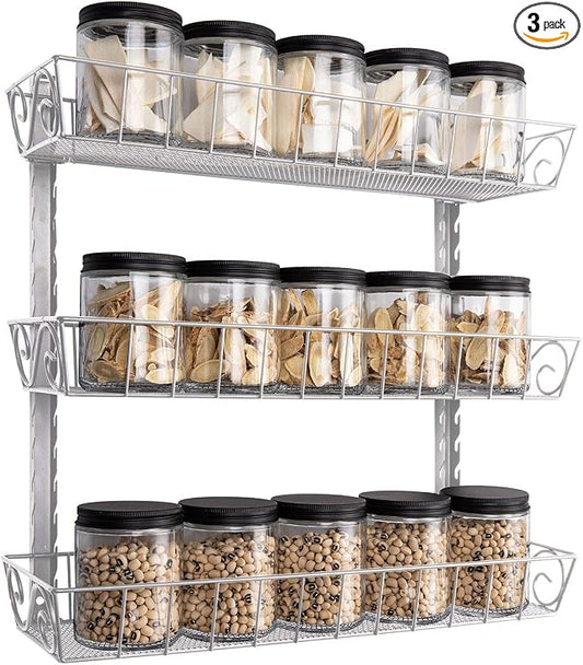 SWOMMOLY Wall Mount Spice Rack Organizer, 3-Tier Adjustable Dual-Use Shelf | Hanging Spice Rack Organizer, Kitchen Pantry Cabinet Storage Holder for Spices, Mason Jars, Bottles & Cans, Silver