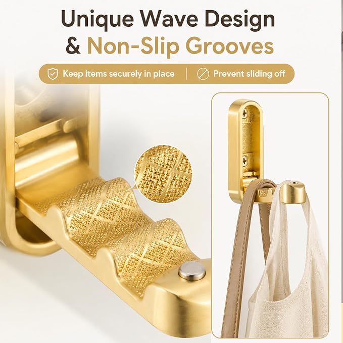 6PCS Foldable Wall Hooks, Zinc Alloy Flip Down Hooks, Retractable Wall Hooks for Bathroom, Entryway, Hanging Coats Hats Bags Keys (Gold)