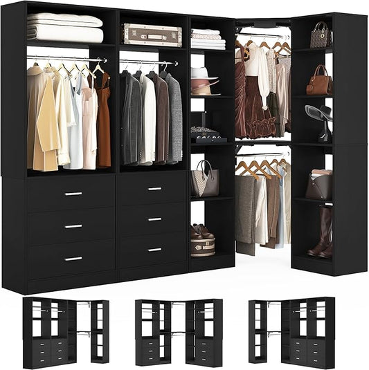 Besiost Corner Closet System with 6 Drawers, Closet Organizer System with 14 Shelves & 4 Hanging Rods, 87.2"L * 39.2"W / 63.2"L * 63.2"W Reversible L Shaped Walk-in Closets, Load 2500+LBS, Black