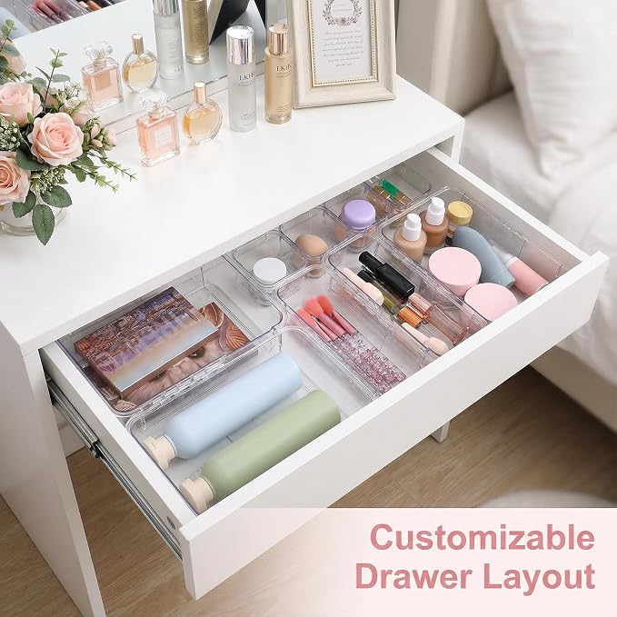 14 Pcs Clear Drawer Organizer - 3 Sizes, Adjustable Drawer Storage Box, Desk Drawer Organizer, Acrylic Storage Bins for Makeup, Cosmetic, Kitchen Utensils, Bedroom Dressers Tool Organizer for Gadgets