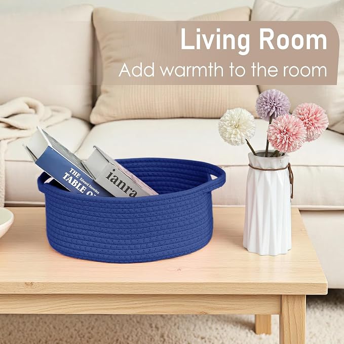 JMvicyroam Small Woven Basket, Empty Gift Basket, Navy Blue/3 Pack | Small Gift Basket, Cotton Rope, 12 x 8 x 29 in, Handles, Includes Ribbon and Bag, Birthday Gift Basket
