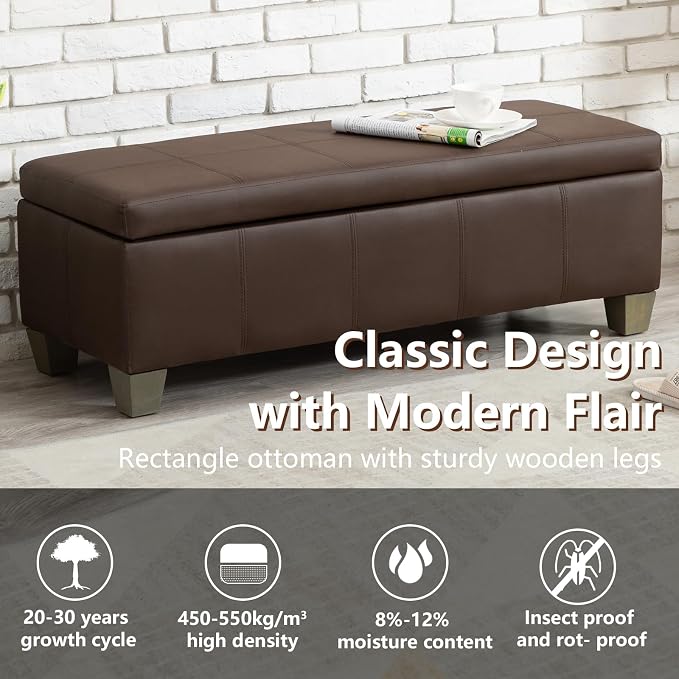 51 Inch Storage Ottoman, Storage Bench with Safety Hinge, Upholstered Synthetic Leather Ottoman Bench for Bedroom, Living Room, Entryway, Hallway, Foot Rest, Support 500lbs, Brown