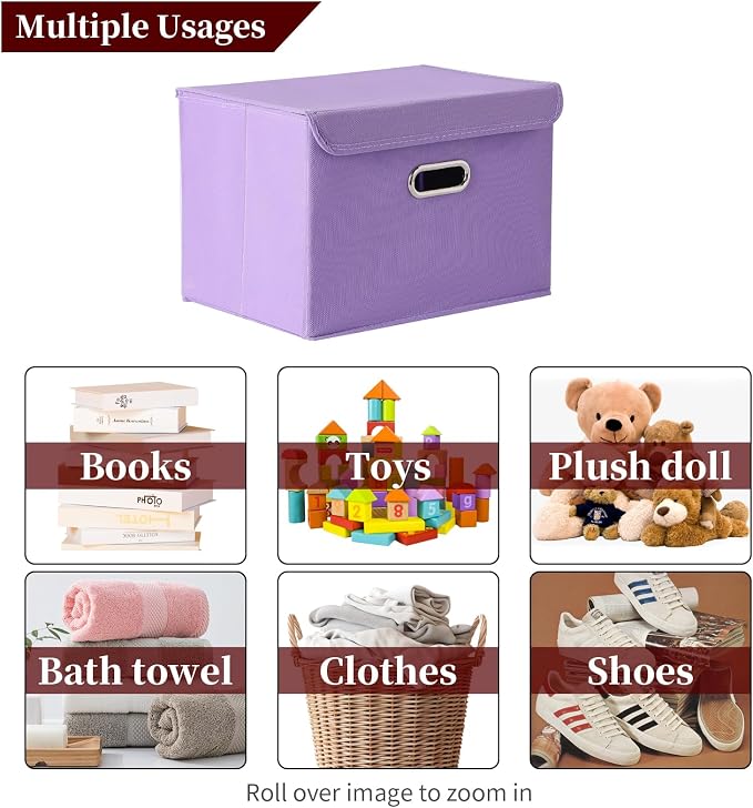 STOREONE Fabric Storage Cube Bins Foldable Organizer Container Collapsible Basket with Lids and Metal Handles, for Home, Bedroom, Closet 3 Pcs (multicolour-purple)