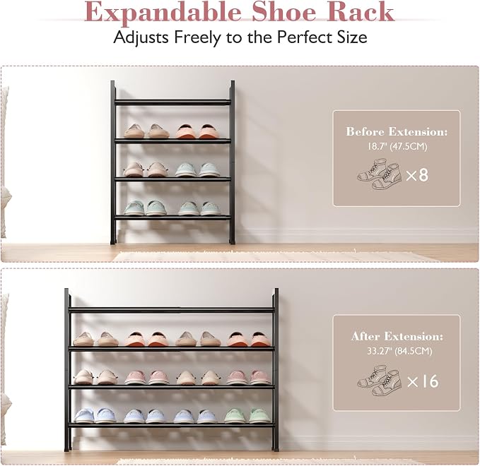Bumusty 4 Tier Expandable Shoe Rack for Closet, Light Grey | 18"-33" Adjustable Shoe Rack for Entryway, Small Shoe Organizer for Dorm, Front Door, Sturdy Metal