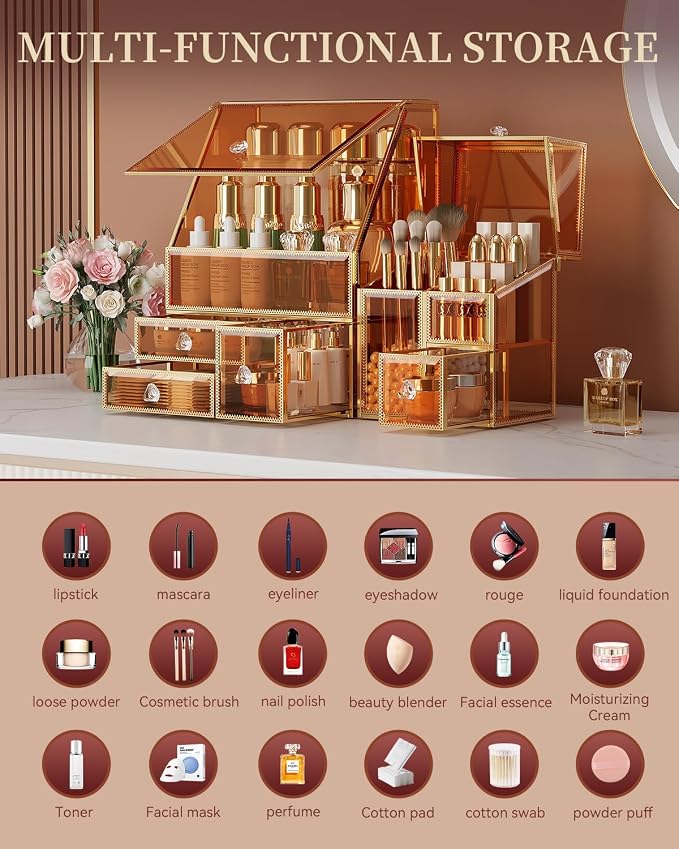CoralHouse Glass Makeup Organizer with Brush Holder for Vanity | Amber Skincare Organizer for Vanity, Stackable, Large Capacity, for Makeup Lipstick Perfumes Brush Skincare