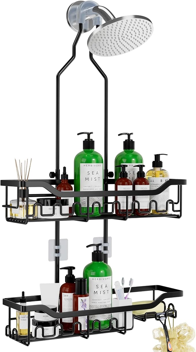 Shower Caddy Hanging Organizer, Extra Large Rack Over Showerhead with Hooks, Adjustable Height Shower Caddy for Big Shampoo Bottle, Black