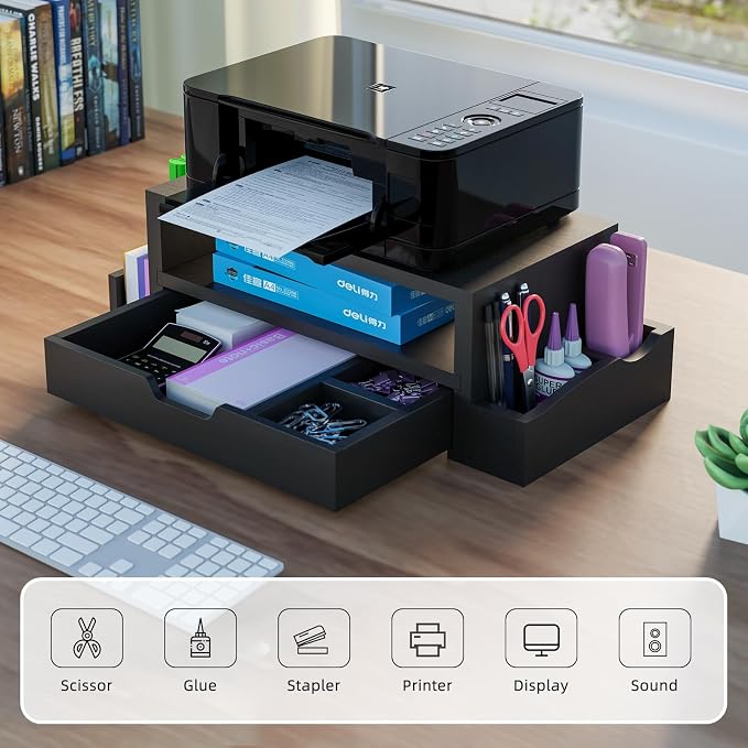 Simple Trending Wood Monitor Stand Riser, Desktop Oraganizer, Black | Desk Organizer and Accessories, Laptop & Printer Stand, Drawer & Pen Holder, for Home Office, 20.25"W x 9.25"D x 5.5"H