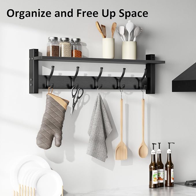 Optish Coat Rack Wall Mount with Shelf, 24 Inch Coat Hanger Walls Mounted, Hat Rack for Walls, Shelf with 5 Coat Hooks, Wall Hanger for Entryway (Black)