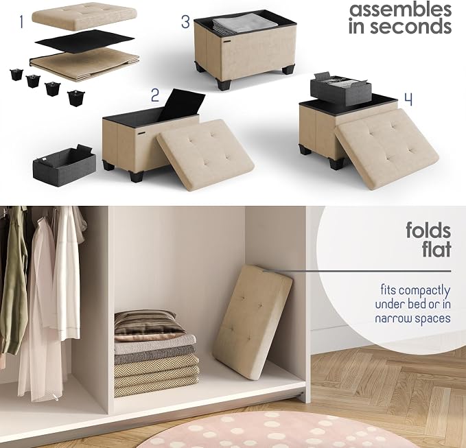 Storage Ottoman Cube with Small Bin, 16-in Square Ottoman with Storage for Living Room and Bedroom, Small Ottomans Foot Rest, Velvet Foot Stools Ottomans Max 330lbs, Beige