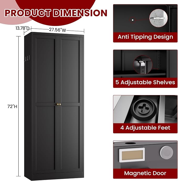 AQY Kitchen Pantry Cabinet,72" Black Pantry Storage Cabinet with 5 Tier Adjustable Shelves and 2 Doors,Freestanding Cupboard,Metal Pantry Cabinets with Handle for Living Room Kitchen Assembly Required
