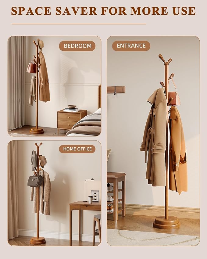STARSAGA Solid Wood Coat Rack Freestanding Coat Tree with 8 Hooks | Adjustable Height Heavy Duty Coat Rack with Rounded Hooks & Dual-Layer Base, Holds Coats Hats Bags for Entryway, Bedroom