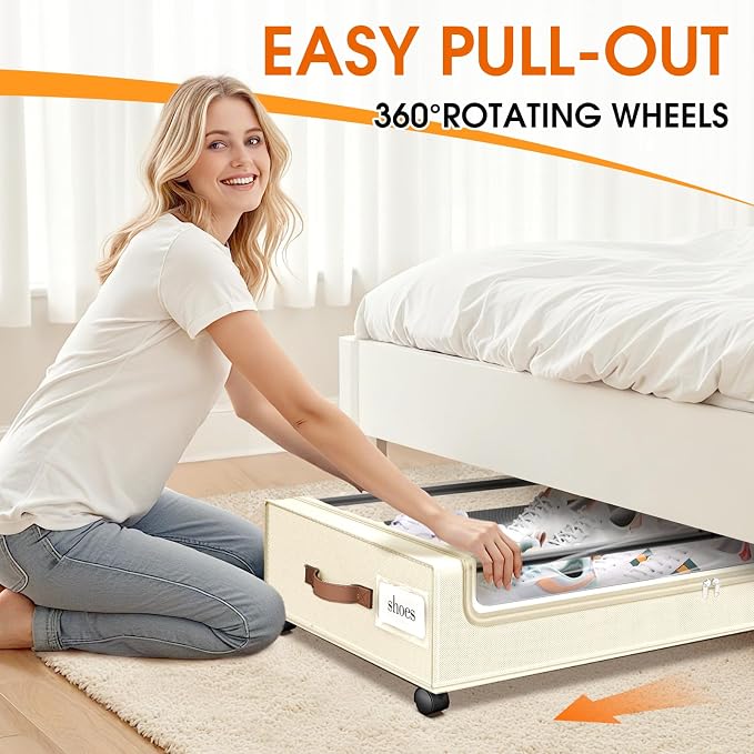 SpaceHacks Under Bed Storage with Wheels 1Pack Underbed Storage with Clear Window&Label Under Bed Drawers Large Capacity Rolling Under Bed Storage for Clothes,Shoes, Blankets (Beige)