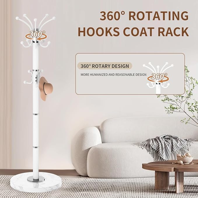 Coat Rack Stand 360°Rotary Coat Rack Freestanding with 16 Hooks | Modern Metal Coat Rack with Natural Marble Base,Coat Hanger Stand, White Coat Hall Clothes Tree for Hallway,Entryway,Office