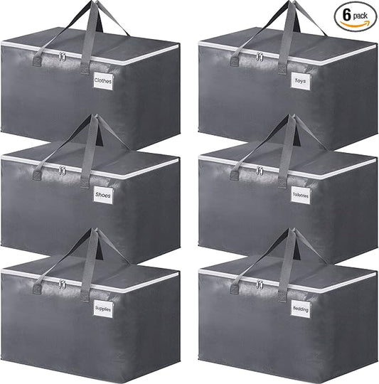 BlissTotes Large Moving Bags, Storage Bags, 125L-6 Pack | Moving Bags with Zipper, Handles Moving Supplies with lids, Heavy Duty Totes for Storage Bags, Space Saving, Moving Totes