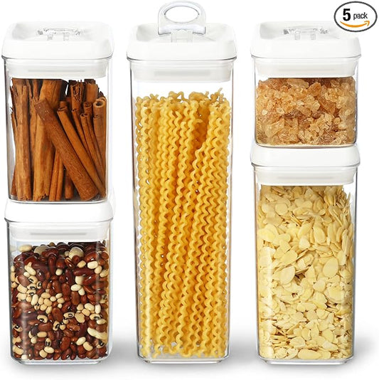 Felli Flip Tite Storage Container with Lid 4" Airtight Ring Seal Top, Stackable Acrylic Canister Jar Set for Kitchen Pantry Organizer, Food Spice Pasta Snack (5pk, Variety)