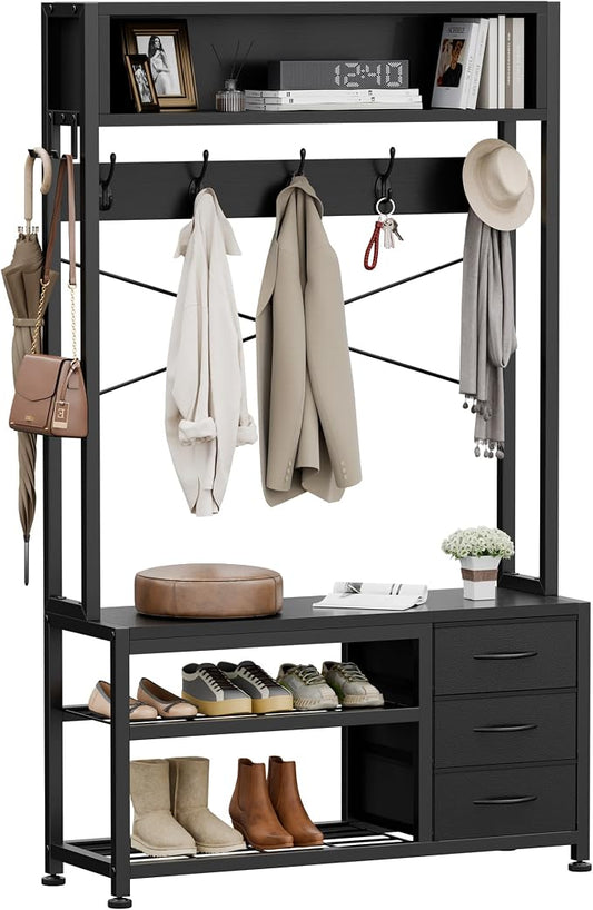 Hall Tree with Bench and 3 Drawers Storage, 31.5" Coat Rack Freestanding | Black, 6-in-1, Top Cubby, 12 Coat Hooks, Adjustable Shoe Rack, Sturdy Metal Frame, Entryway Organizer