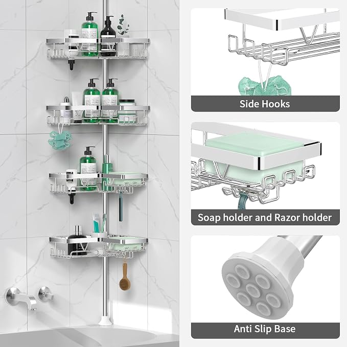 DAOYA Corner Shower Caddy Tension Pole - Chrome Tension Rod Shower Caddy | 4 Tier Shower Organizer for Bathroom/Bathtub/RV, Floor to Ceiling 25-114.2 inch, WIth 28 Hook/2 Soap Dish/ 2 Razor Holder