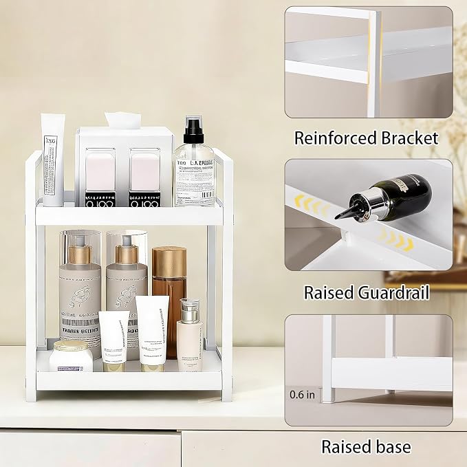 Bathroom Counter Organizer Vanity Storage Countertop Shelf, Small White | 2 Tier Makeup Organizer Perfume Tray Skincare Holder for Sink, Dresser, Kitchen