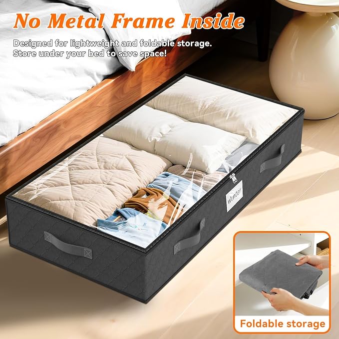 90L Under Bed Storage Containers, Storage Bags, Organizers, 2-Pack, Gray | Foldable, Soft Fabric, Closet Organizers, Reinforced Handle, Label Holder, Clear Window, for Comforters, Clothing, Blankets