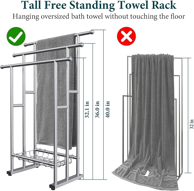 Kayfia 40'' Freestanding 3 Tier Alloy Steel Towel Rack with Storage Basket | Dual-Use Drying & Display Rack, Holds Oversized Bath Towels & Blankets, Fits Bathroom, Tub, Shower, Poolside, Silver