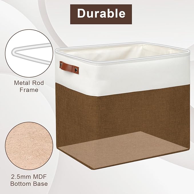 Bagnizer Large Fabric Storage Baskets | 50L Storage Bins, Decorative Linen Closet Baskets with Handles for Organizing, Shelf, Toys, Clothes, Home, Office, Nursery, 17x12x15Inches (Brown&White)