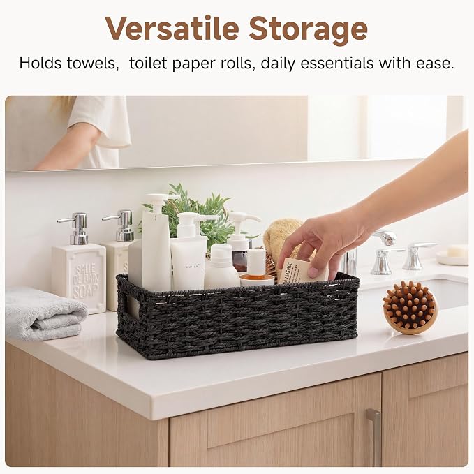 StorageWorks Toilet Basket Tank Topper, Bathroom Basket Organizer, Black | Paper Rope Toilet Paper Baskets for Back of Tank, Small Wicker Basket with Built-in Handles for Rustic Bathroom Decor