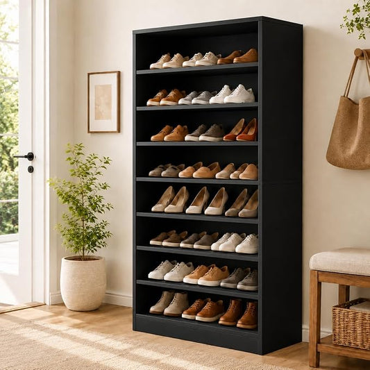 9-Tier Tall Shoe Rack Cabinet for Closet & Entryway, Black | Wooden Narrow Shoe Organizer Cabinet with Adjustable Shelves, Freestanding, for Bedroom, Hallway
