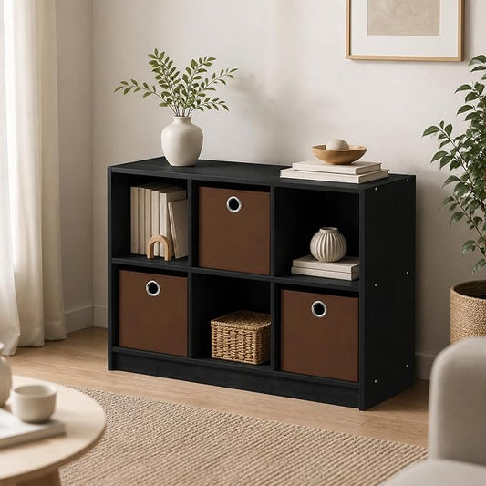 6-Cube Bookshelf with Storage Bins, Cube Bookcase, Book Shelf with Storage Bins, 11.9 x 31.6 x 23.6, for Living Room, Home Office, Americano